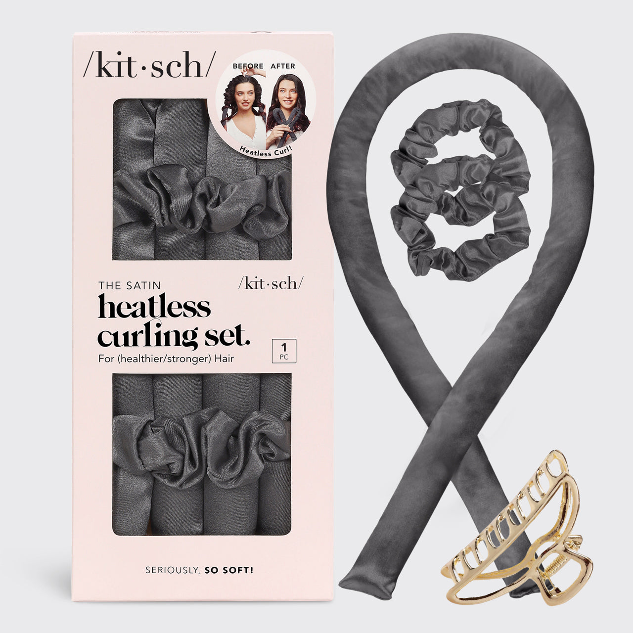 Charcoal Satin Heatless Hair Curler Bundle
